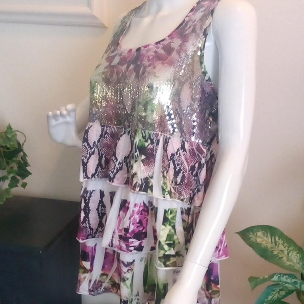 Sequin Floral and Snake Print Tiered-Tank-Tunic-Top or Mini-Dress - Size: M